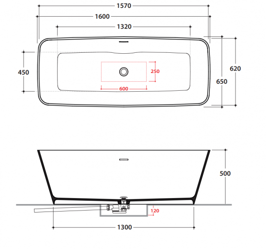 Прямоугольная Ванна Globo Giorgia KOIB136 160x65 см схема 2