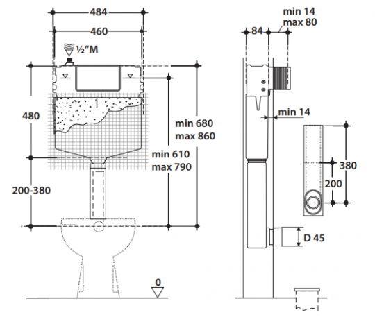 Застенный смывной бачок Globo Artcompl CAINTE для установки с напольным унитазом схема 2 Застенный смывной бачок Globo Artcompl CAINTE для установки с напольным унитазом схема 2