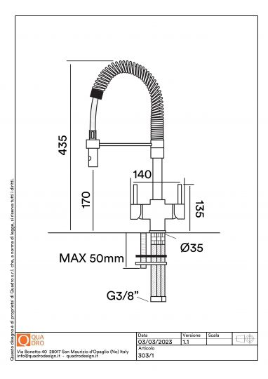 Смеситель для кухонной мойки Quadro design Idealaqua Inox 303/4 высокий излив схема 2
