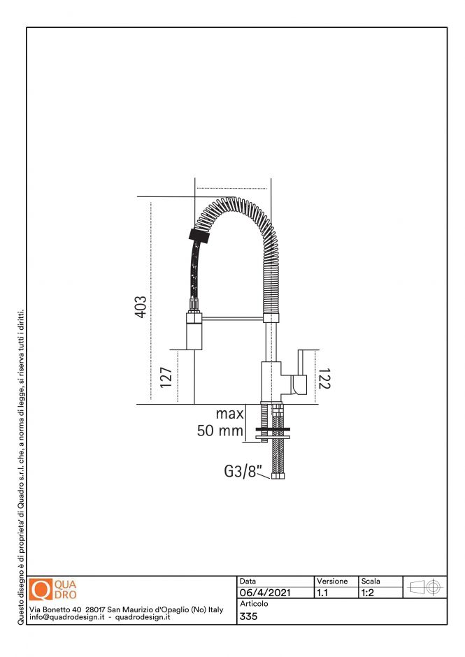 Смеситель для кухонной мойки Quadro design Kitchen Brass 335/3 CR с пружиной и двухструйным душем ФОТО