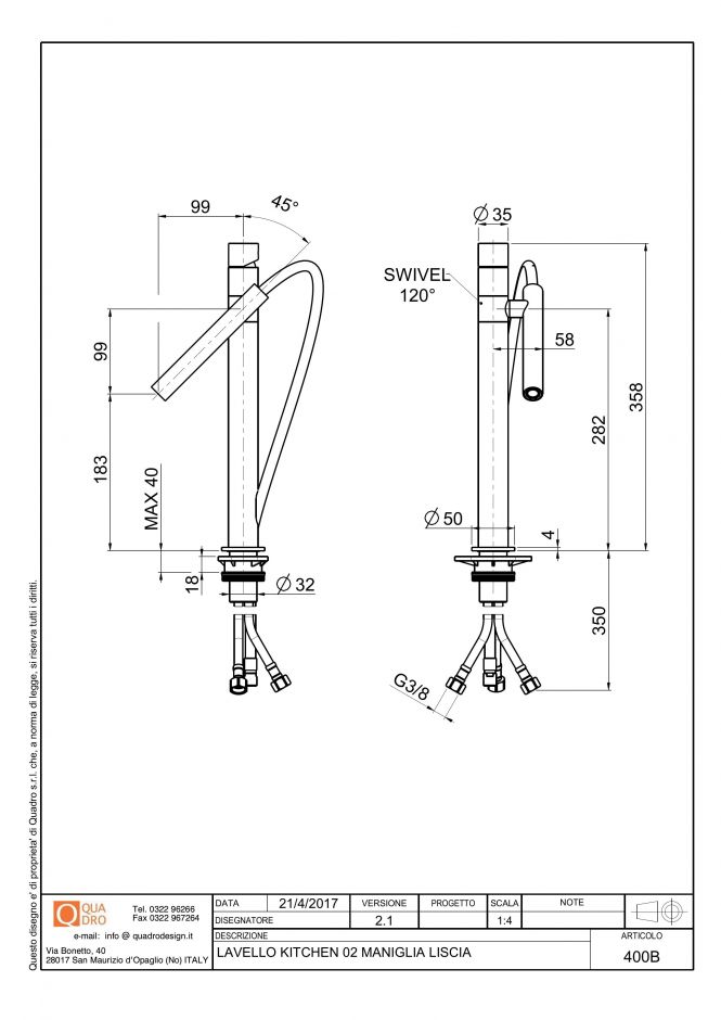 Кухонный смеситель Quadro design Kitchen Inox 400B с выдвижным изливом ФОТО