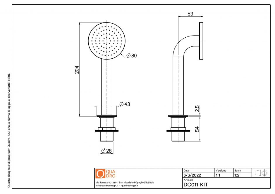 Душевая лейка для встраиваемого смесителя Quadro design Shower DC011KIT ФОТО
