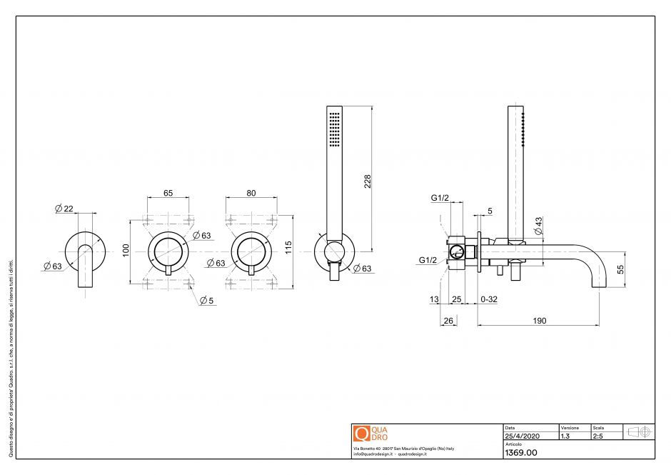 Смеситель для ванны и душа Quadro design Source 13 69.00 четыре отверстия ФОТО