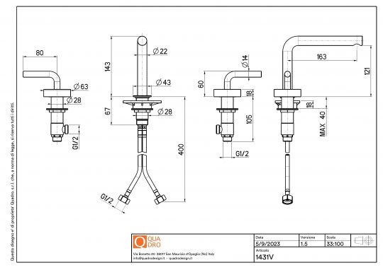 Смеситель для раковины Quadro design Levo 14 31V AS три отверстия схема 2