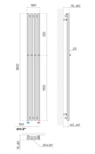 Полотенцесушитель с крючками Broner Moot Long Bath MBS.EL.30.018.180.0000 электрический 30х30 180 мм схема 3