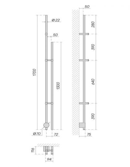 Полотенцесушитель электрический Broner Bruno Due BRD.094.170.0000 вертикальный 170 см схема 3