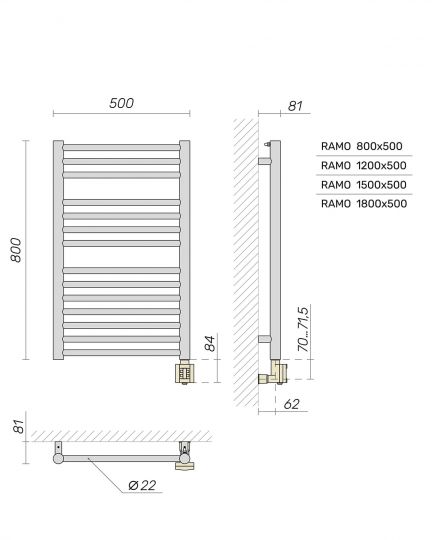 Полотенцесушитель электрический Broner Ramo RM.EL.050.080.0000 вертикальный 500 мм схема 3