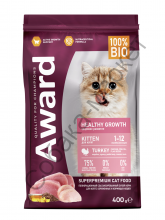 Сухой корм AWARD Healthy growth для котят от 1 месяца, беременных и кормящих кошек с индейкой и курицей с добавлением рыбьего жира и семян льна 400гр