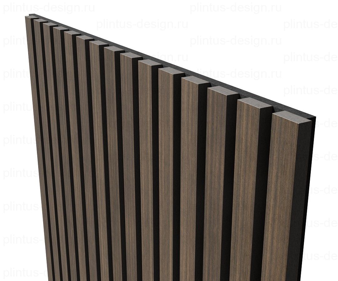 Акустическая панель, черный войлок, рейки МДФ, шпон дуб маррон коричневый, 600х21, 1200 мм