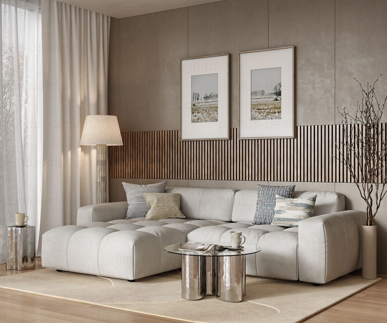 Акустическая панель, черный войлок, рейки МДФ, ясень тирамису, 600х19, 600 мм