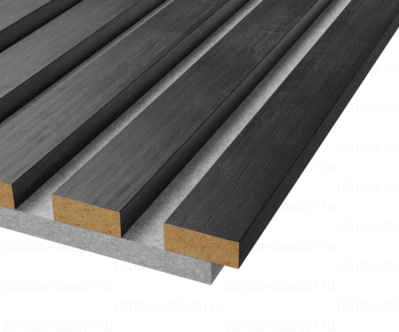 Акустическая панель, черный войлок, рейки МДФ, дуб графит, 600х19, 2750 мм