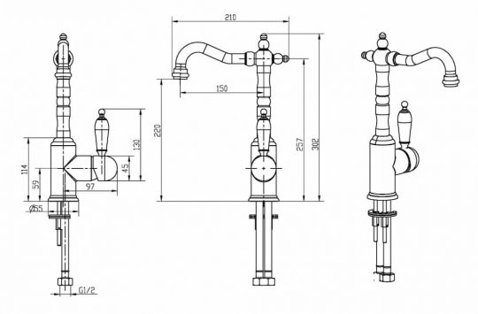 Однорычажный смеситель на горизонтальную поверхность для раковины Boheme Tradizionale 242 схема 2