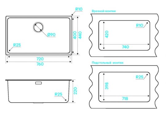 Мойка кухонная Kuchenstern MULTI 80 AISI 304/R25 554SS50 76х44 см схема 3
