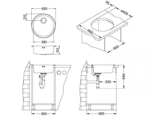 Мойка для кухни Alveus FORM 10 LEI-90 FI 450 в комплекте с сифоном 45х45 см схема 3 Мойка для кухни Alveus FORM 10 LEI-90 FI 450 в комплекте с сифоном 45х45 см схема 3