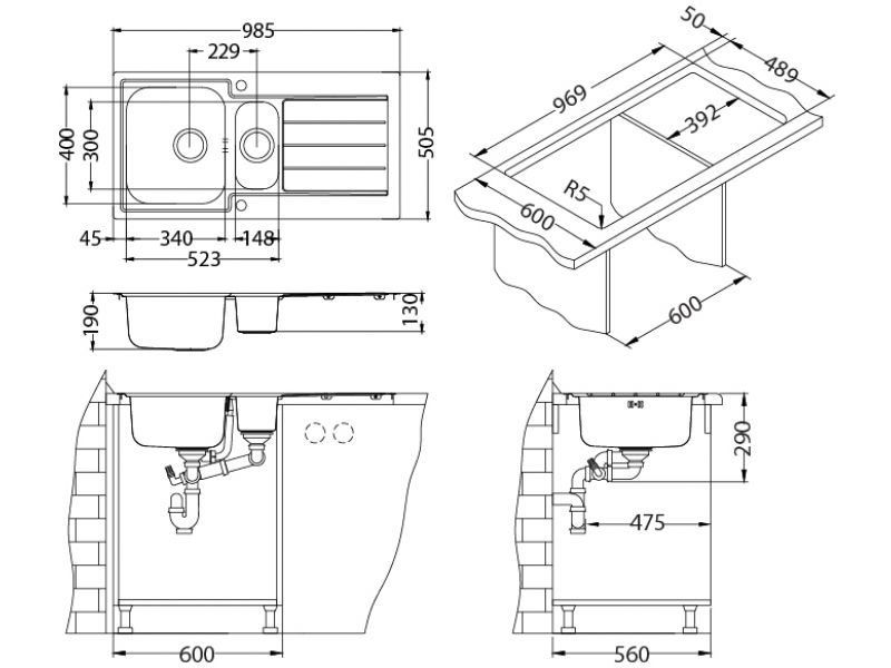 Мойка для кухни Alveus FS LINE MAXIM 10-SAT 1+1/2 в комплекте с сифоном 98,5х50,5 см ФОТО