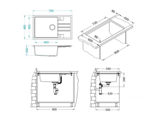 Мойка для кухни Alveus INTERMEZZO 130 GRANITAL в комлекте с сифоном 78х48х20 см схема 10