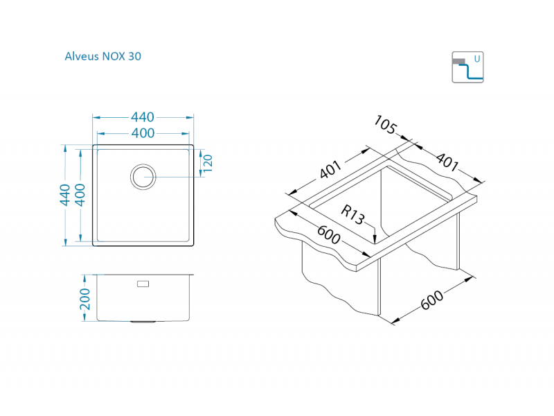 Мойка для кухни Alveus NOX 30 BRS в комплекте с интегрированным сифоном 44х44х20 см ФОТО