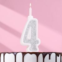 Свеча для торта «Суперблеск», 10.4 см, цифра 4, серебряная блестка