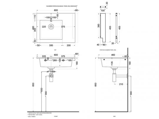 Cielo Era раковина 600х460х140 мм, накладная/подвесная, чаша справа, без отверстия для смесителя, без перелива, в комплекте крепление схема 2