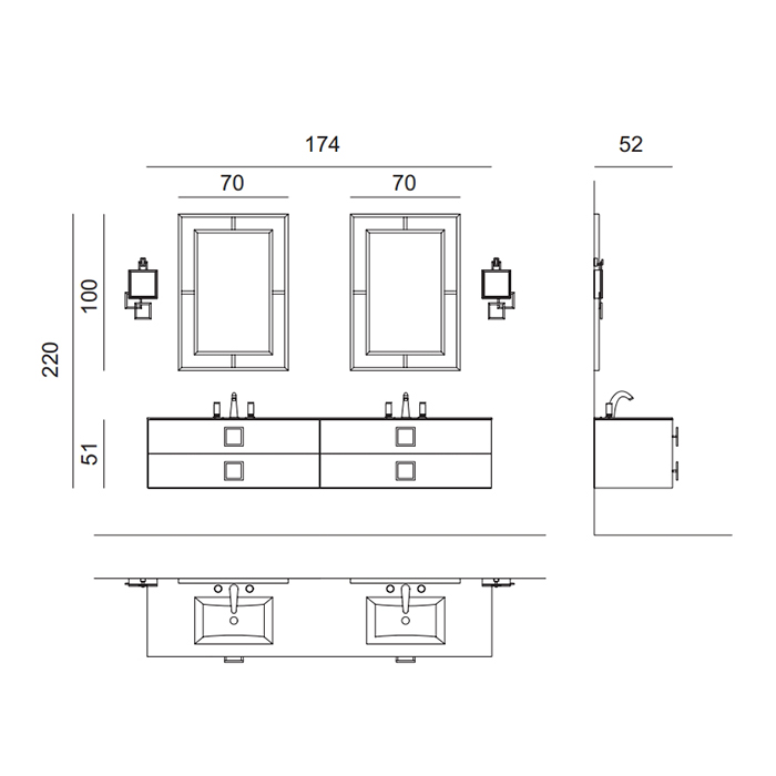 Комплект мебели №31 Oasis Daphne подвсеная тумба со столешницей с двумя раковинами 174х52.5х220см ФОТО