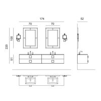 Комплект мебели №31 Oasis Daphne подвсеная тумба со столешницей с двумя раковинами 174х52.5х220см схема 2