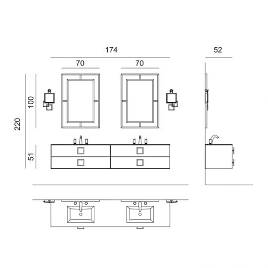 Комплект мебели №31 Oasis Daphne подвсеная тумба со столешницей с двумя раковинами 174х52.5х220см схема 2