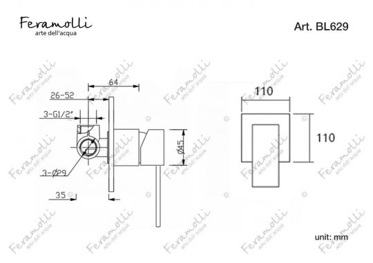 Смеситель однорычажный скрытого монтажа Feramolli BL629, черный схема 2 Смеситель однорычажный скрытого монтажа Feramolli BL629, черный схема 2