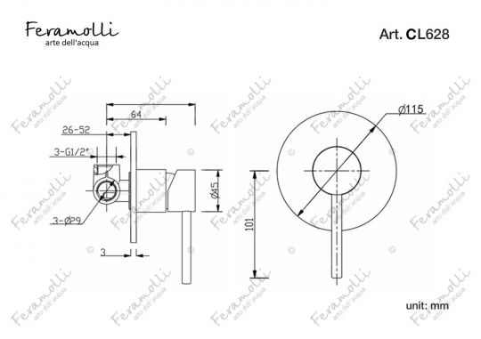 Смеситель однорычажный скрытого монтажа Feramolli CL628, хром схема 2 Смеситель однорычажный скрытого монтажа Feramolli CL628, хром схема 2