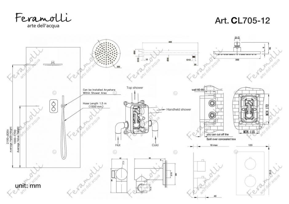 Душевая система с термостатом Feramolli CL705-12 (30см.), хром ФОТО