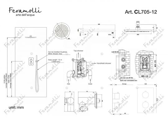 Душевая система с термостатом Feramolli CL705-12 (30см.), хром схема 2