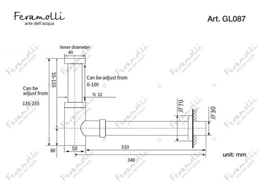 Сифон для раковины Feramolli GL087, золото схема 2 Сифон для раковины Feramolli GL087, золото схема 2