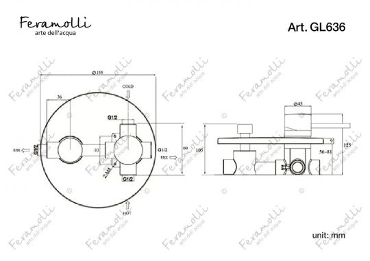 Смеситель однорычажный скрытого монтажа ванна/душ Feramolli GL636, золото схема 2 Смеситель однорычажный скрытого монтажа ванна/душ Feramolli GL636, золото схема 2