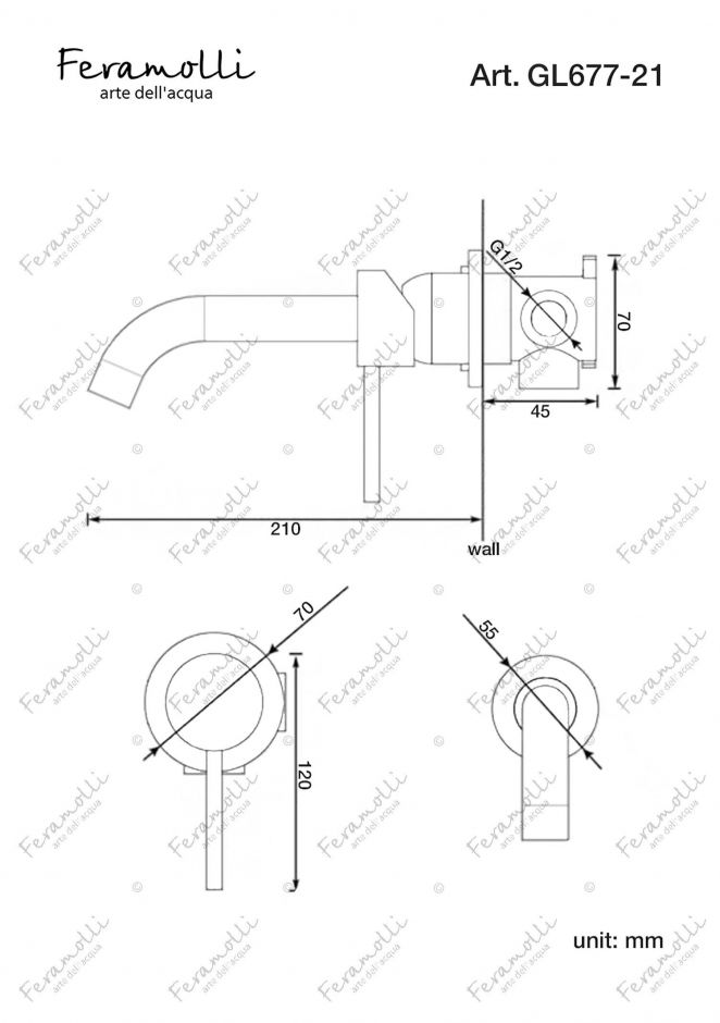 Смеситель для раковины встраиваемый Feramolli GL677-21 (210мм.), золото ФОТО
