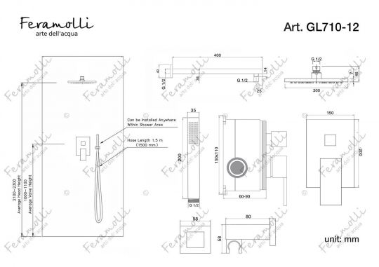Душевая система Feramolli GL710-12 (30см.), золото схема 2