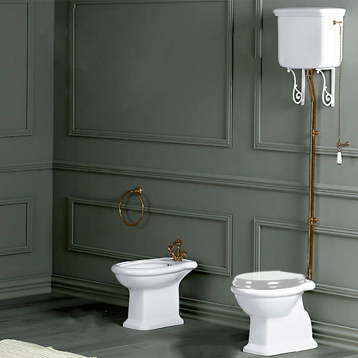 Унитаз напольный SIMAS Lante выпуск в стену 385х58см с высоким бачком с фурнитурой бронза цена от 114 475 ₽ Фото Унитаз напольный SIMAS Lante выпуск в стену 385х58см с высоким бачком с фурнитурой бронза