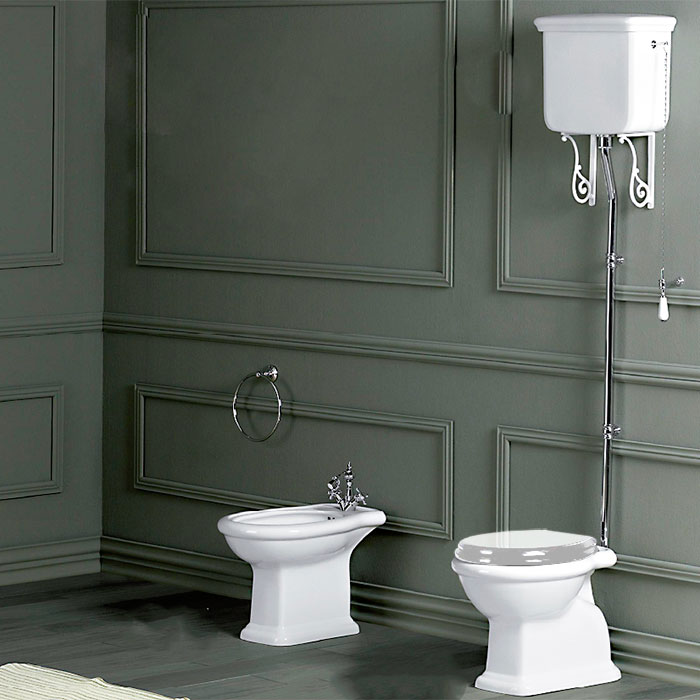 Напольный унитаз SIMAS Lante выпуск в стену 385х58см с высоким бачком с фурнитурой /хром