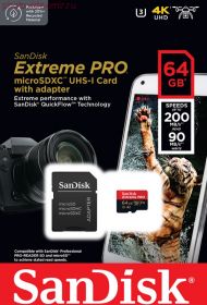 Карта памяти Sandisk Extreme Pro micro SDXC 64Gb UHS-I U3 V30 A2 + ADP (200/90 MBs)