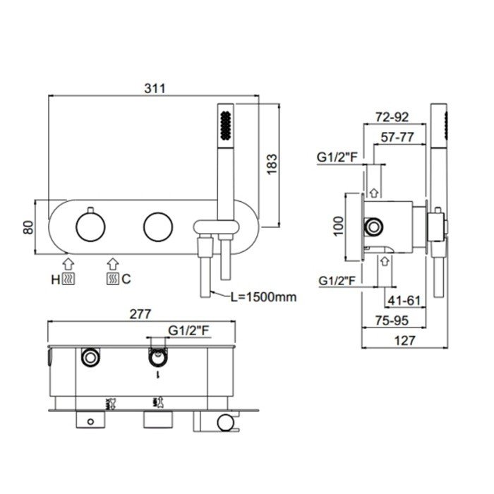 Термостатический смеситель для ванны на 3 выхода - внешняя часть  Carimali ilTondo 21838EST/A-CR ФОТО