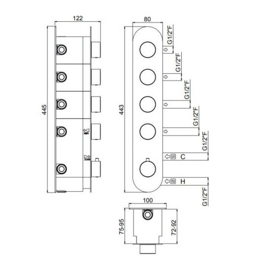 Термостатический смеситель для ванны для 4 потребителей - внешняя часть Carimali ilTondo 21047EST/A-CR схема 2 Термостатический смеситель для ванны для 4 потребителей - внешняя часть Carimali ilTondo 21047EST/A-CR схема 2