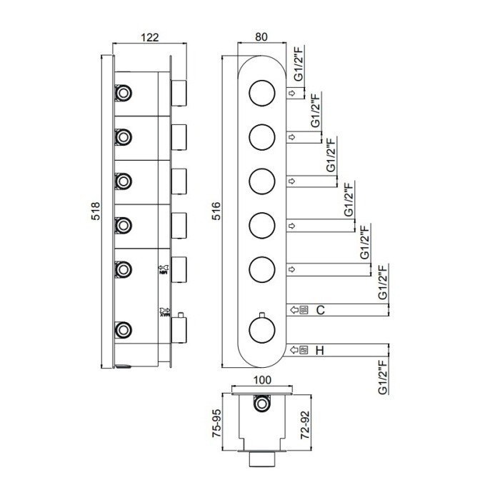 Встраиваемая часть термостатического смесителя с 5 выходами Carimali W21058 ФОТО