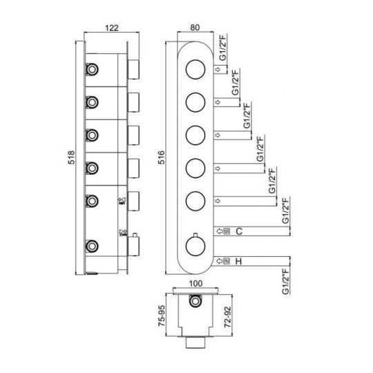 Встраиваемая часть термостатического смесителя с 5 выходами Carimali W21058 схема 2 Встраиваемая часть термостатического смесителя с 5 выходами Carimali W21058 схема 2