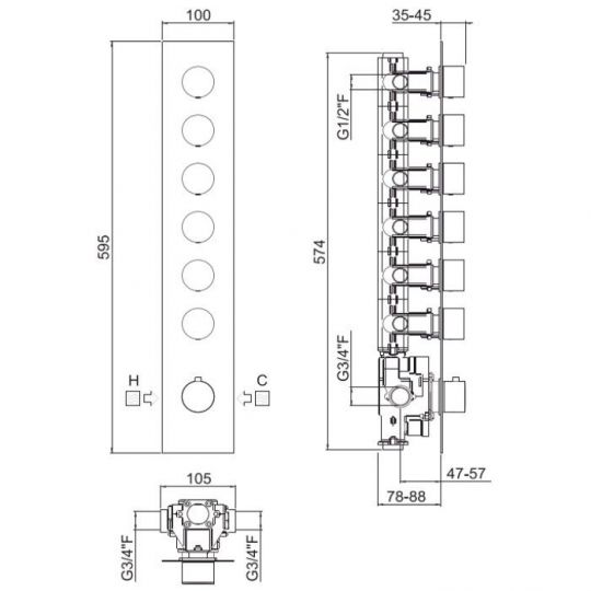 Встраиваемая часть термостатического смесителя с 6 выходами CARIMALI W21069CR схема 2 Встраиваемая часть термостатического смесителя с 6 выходами CARIMALI W21069CR схема 2