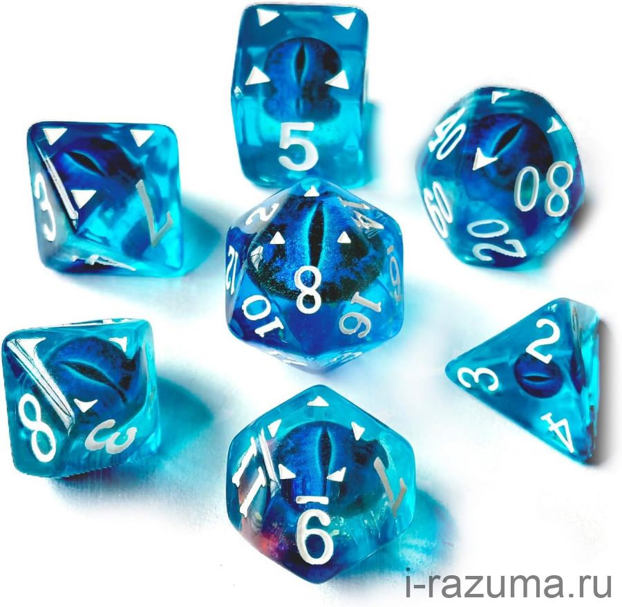 Кубики ДНД прозрачные с глазами дракона (D&D) 7 шт.