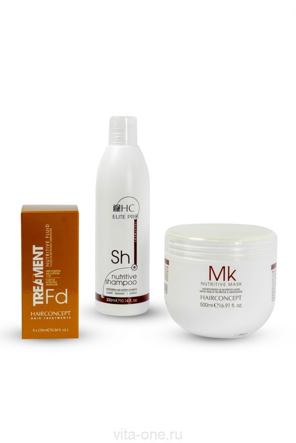Набор «Питание и шелк» MINI (шампунь+маска+флюид) NUTRITIVE серии ELITE PRO HAIR CONCEPT 300мл+500мл+50мл