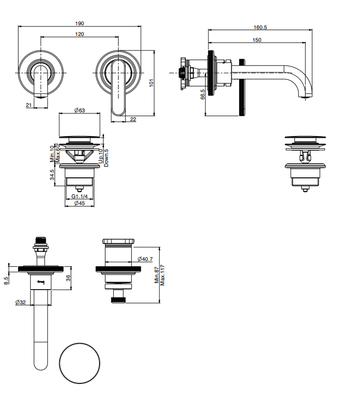 Однорычажный смеситель Fima - Carlo Frattini Park Lane настенный для раковины F1301WX9 ФОТО