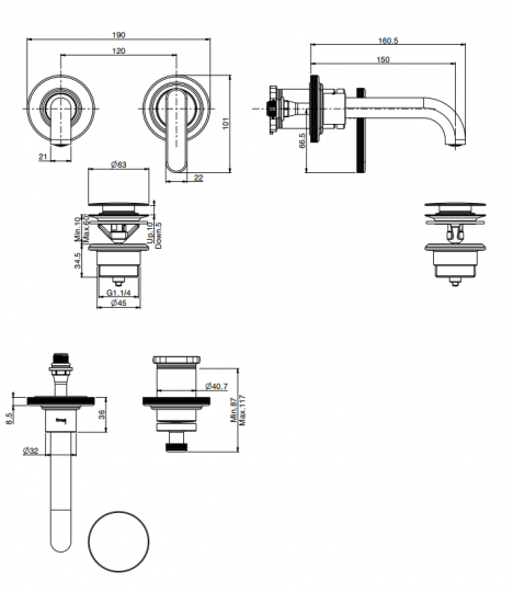 Однорычажный смеситель Fima - Carlo Frattini Park Lane настенный для раковины F1301WX9 схема 2