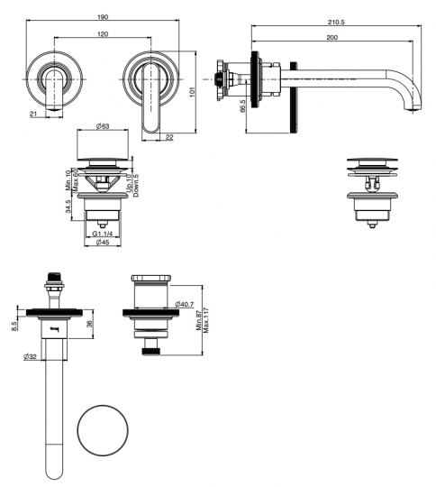 Однорычажный смеситель Fima - Carlo Frattini Park Lane настенный для раковины F1301WLX9 схема 2
