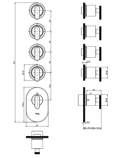 Термостатический смеситель Fima - Carlo Frattini Park Lane встраиваемый для душа F1353X4 схема 2