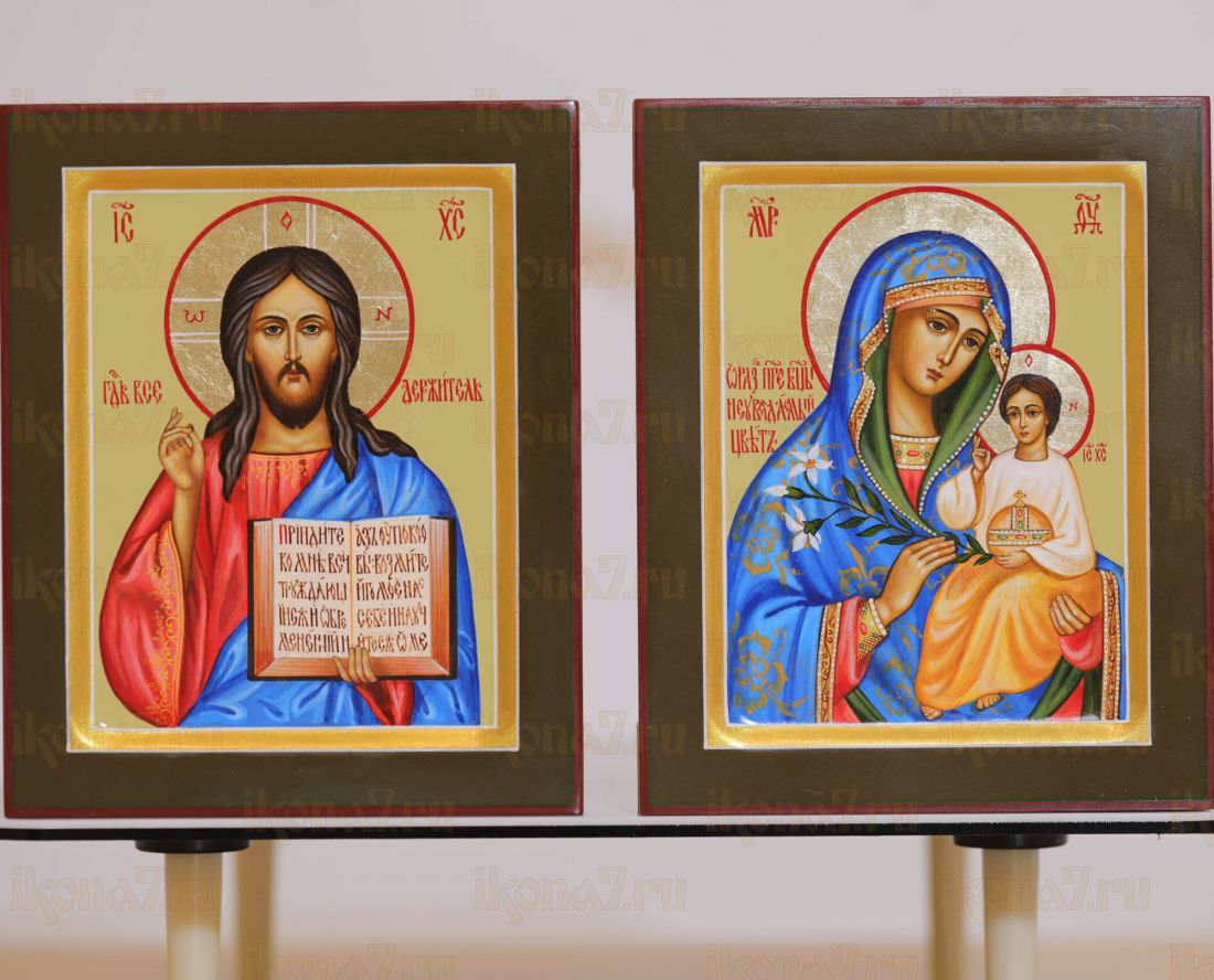 Венчальная пара: Казанская БМ и Господь Вседержитель 13х16 см (рукописные иконы с сусальным золотом и ковчегом)