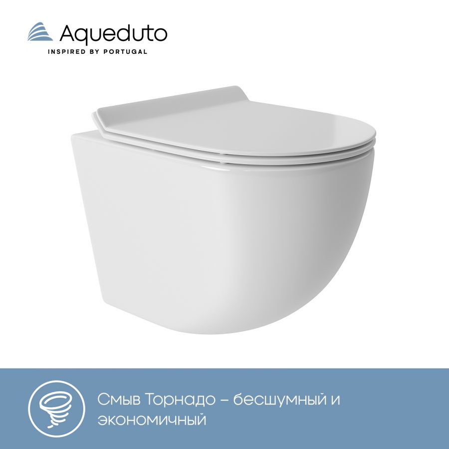 Aqueduto OVO Унитаз подвесной 480*360 безободковый, Tornado, сиденье с микролифтом, белый глянцевый